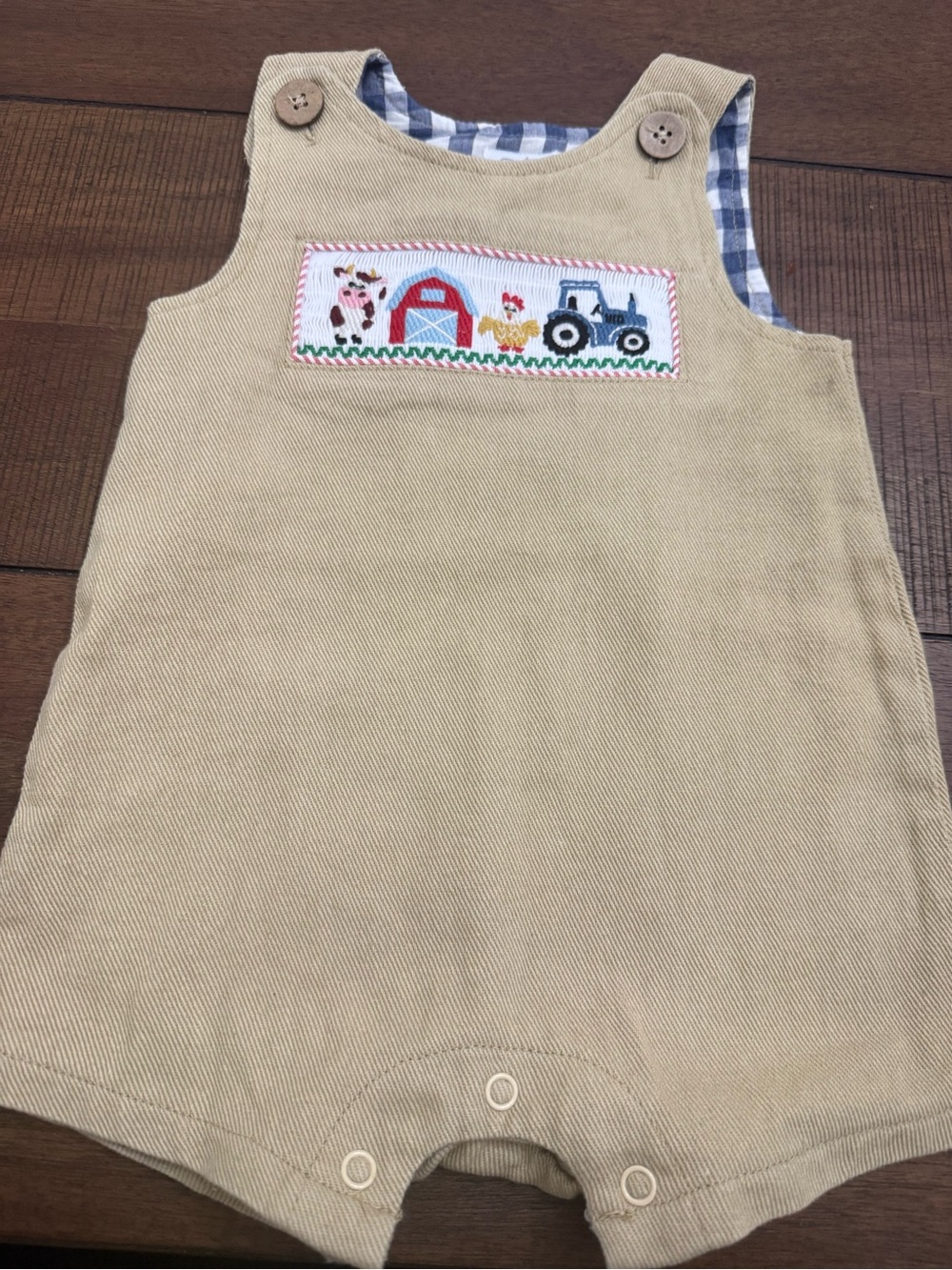 Mud pie 3-6m Tan Farm Embroidered Romper